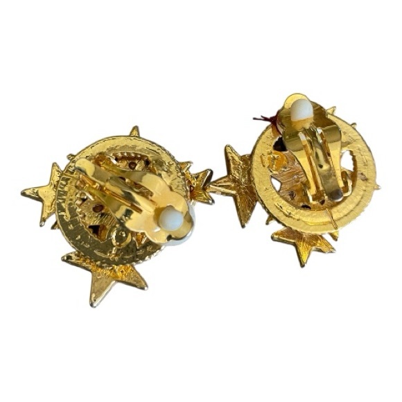 Gold Starburst Earrings, Statement Clip-On Vintage with Rhinestones. - Picture 3 of 4